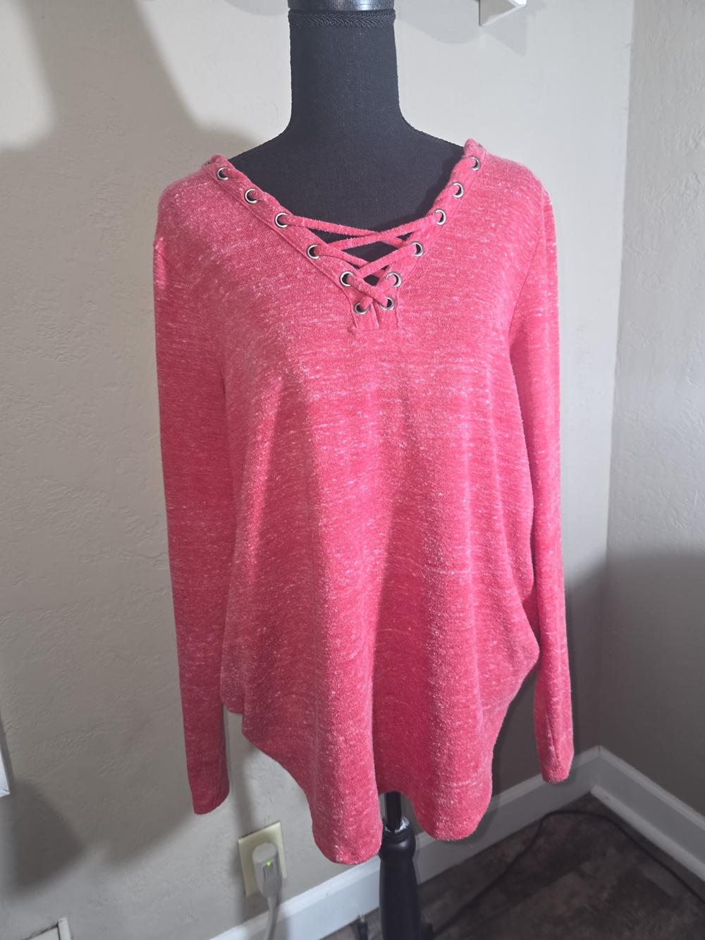 Rock & Republic Pink Lace-Up V-Neck Pullover Hoodie